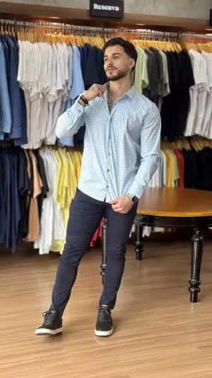 CAMISA MANGA LONGA SLIM SIBRA XADREZ (AZUL CLARO) - Imagem 3