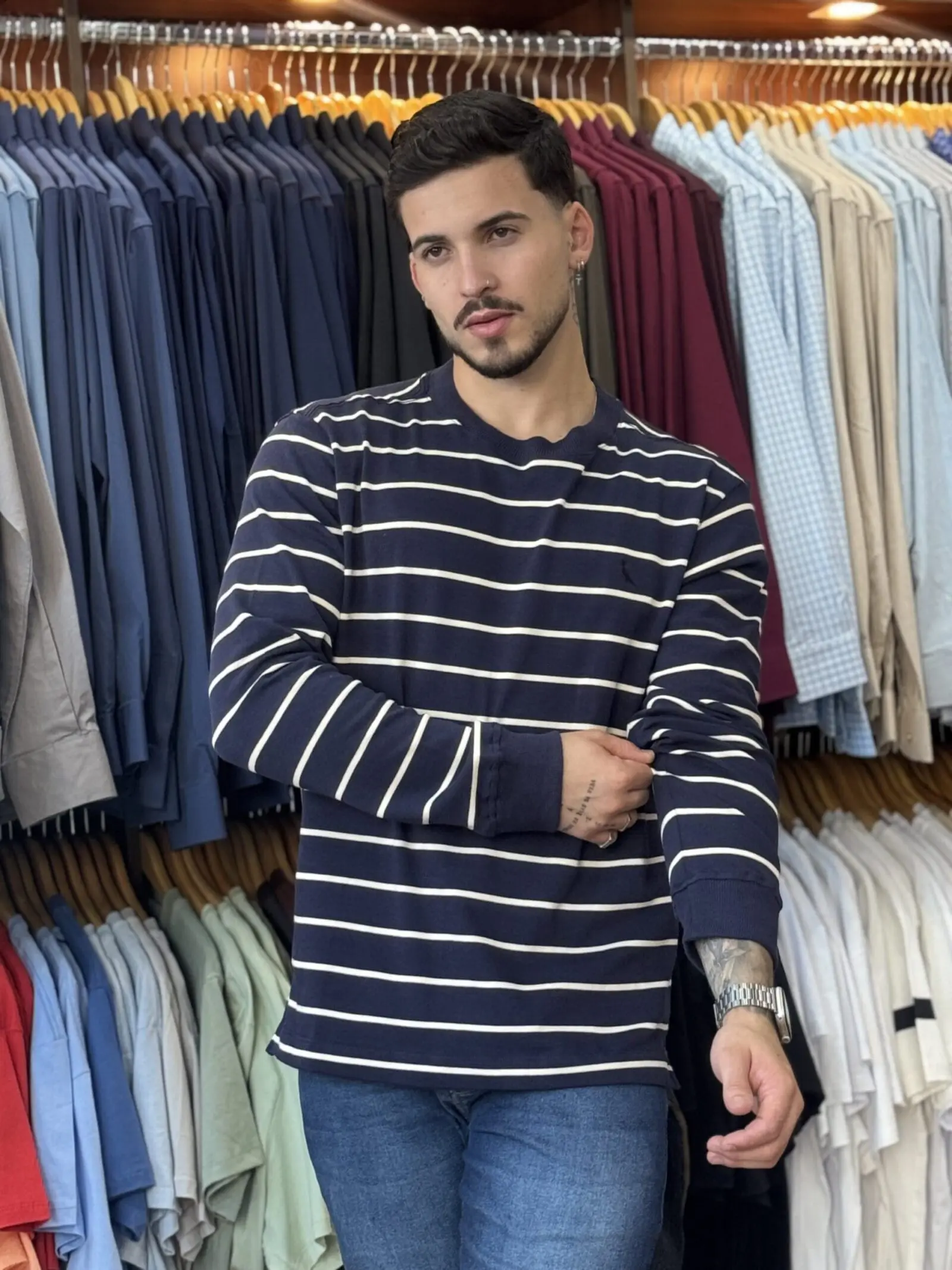 CAMISETA ML LISTRADO RIB RESERVA (SUÉTER) MARINHO - Imagem 1